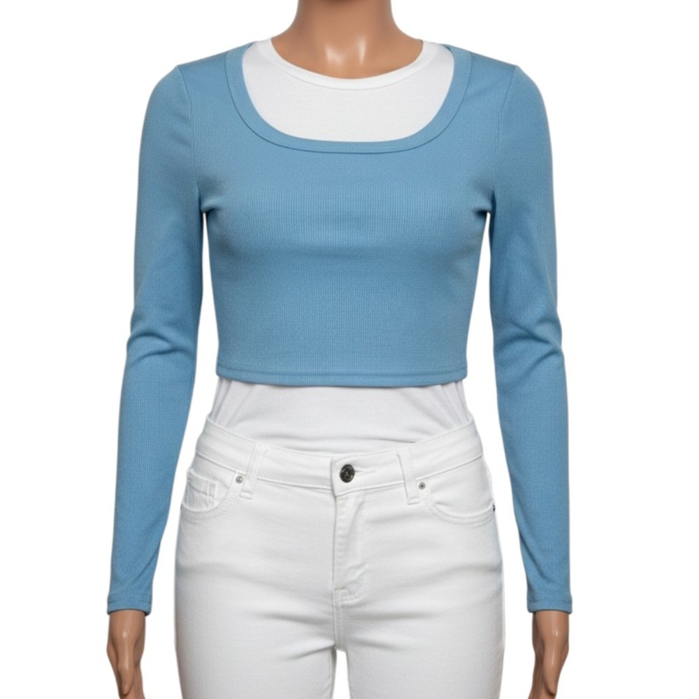 Baby Blue Ribbed Knit Crop Top Long Sleeve Y2K Coquette Layering Fits Size XS S